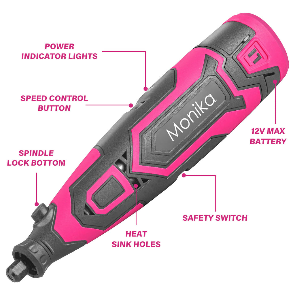Monika 12V Cordless Rotary Tool Pink Variable Speed Engraver Grinder Multi Accessories