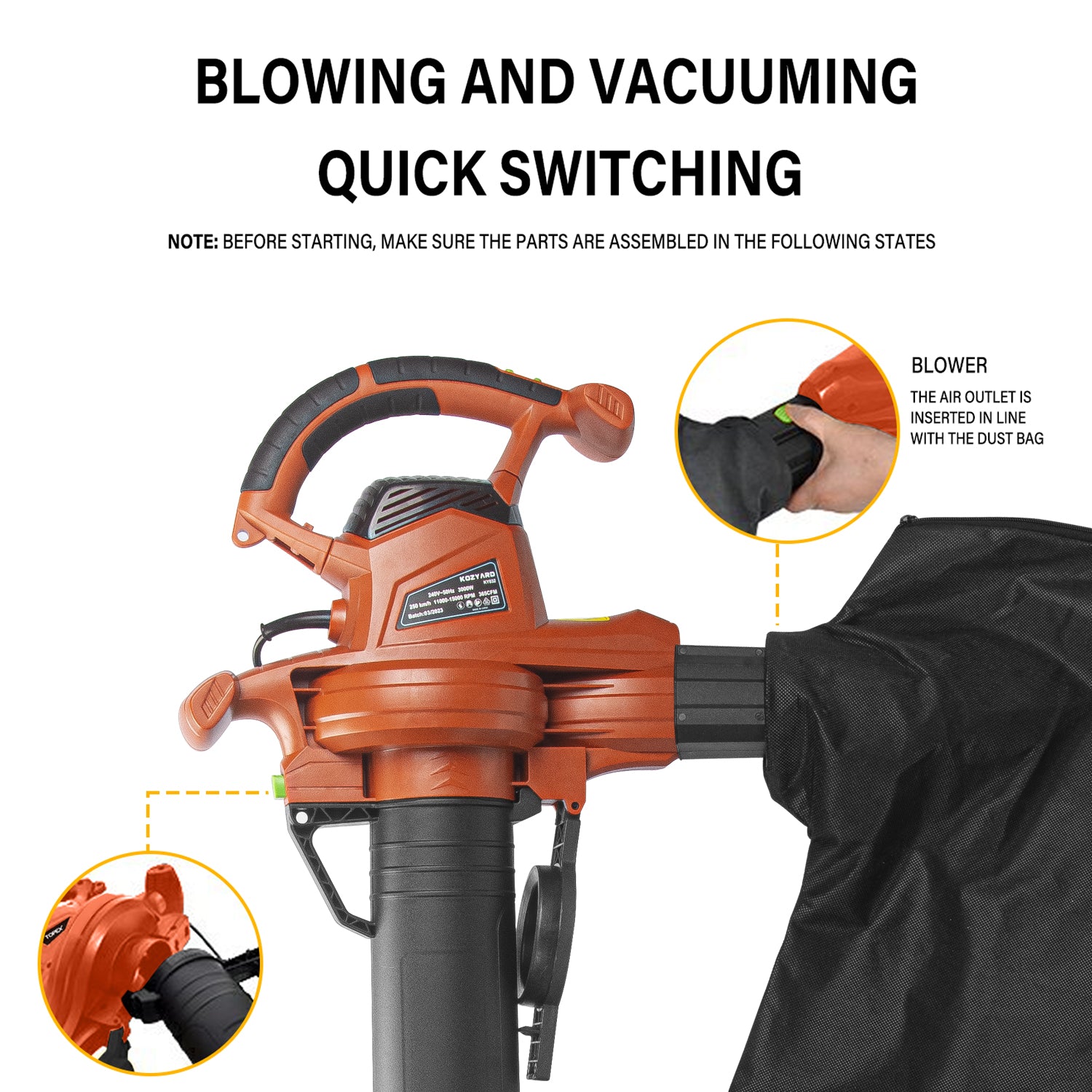 Load Bloder KOZYARD 3-in-1 Electric Leaf Blower Vacuum Mulcher 3000W Hand-Held Lea ...