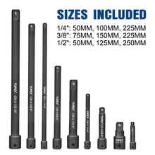 Load image into Gallery viewer, TOPEX 9-Piece Extension Bar Set 1/4&quot; 3/8&quot; and 1/2&quot; Black Drive Socket Extensions