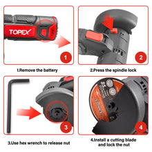 Load image into Gallery viewer, TOPEX 12V Cordless Angle Grinder 1 Wrench for Metal and Wood w/12V 2.0Ah Lithium-Ion Battery&amp;14.4V /0.4A charger/50PCS 85mm Cutting Wheels Discs